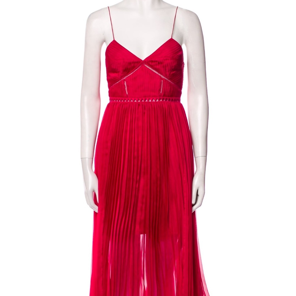Elegant Self-Portrait Red Midi Dress with Pleated Skirt and Spaghetti Straps